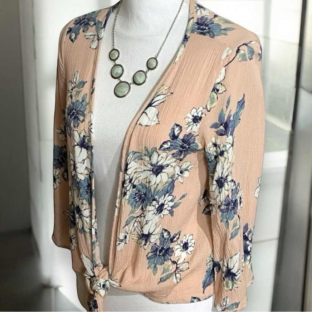 Lela Sky Rose Floral Print Lightweight Tie Front Top